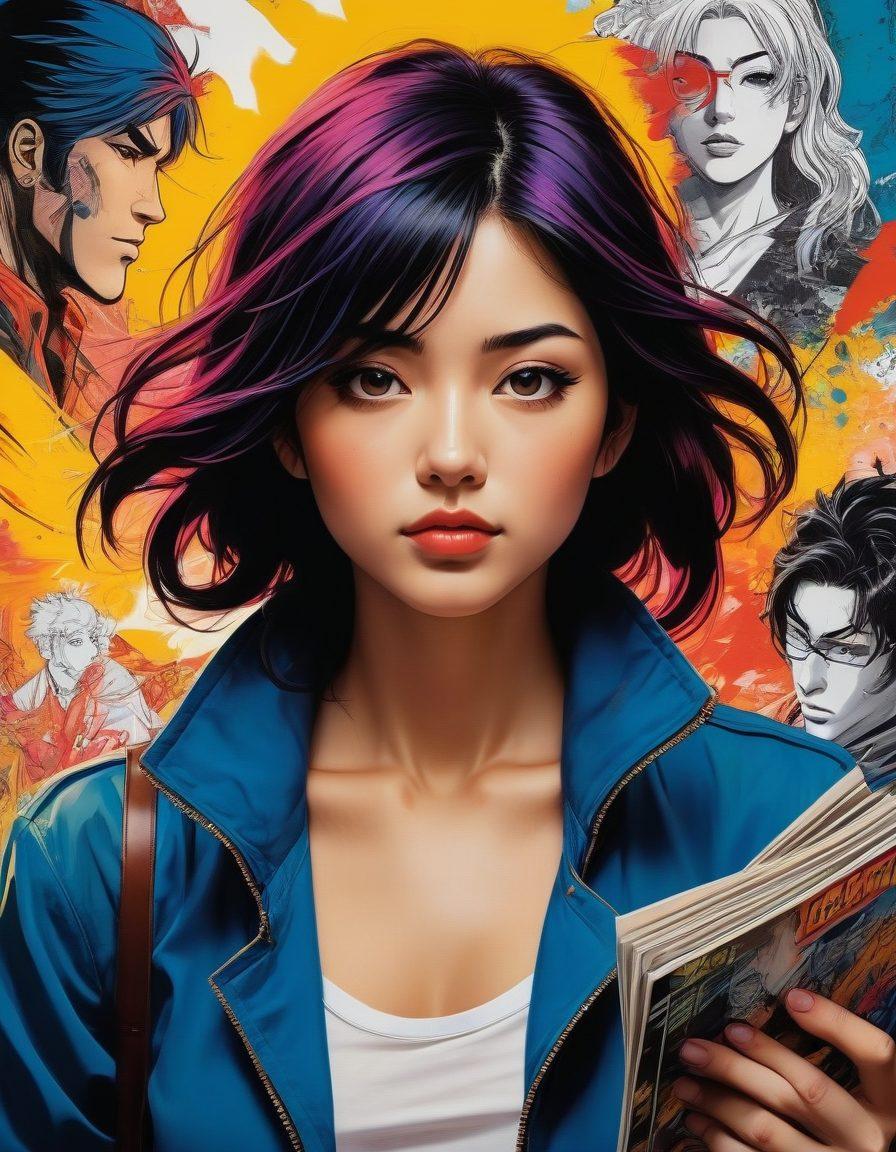 A dynamic collage showcasing the evolution of adult manga to anime, featuring iconic characters transitioning from vibrant manga panels to fluid anime scenes. Include elements like ink brush strokes blending into animated frames, a retro comic book aesthetic intertwined with modern digital art styles, and a diverse range of characters reflecting the culture. Bright colors and dramatic contrasts to emphasize the transformation. super-realistic. vibrant colors. comic book style.