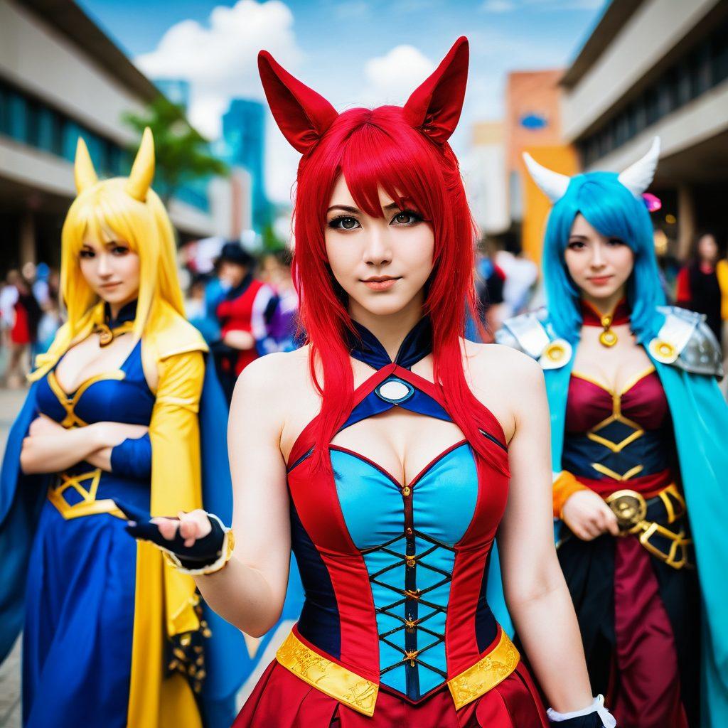 A vibrant and colorful scene depicting a diverse group of cosplayers dressed as fantasy characters, surrounded by elements of anime and hentai culture, including playful, whimsical backgrounds. The atmosphere should feel celebratory and inclusive, showcasing a sense of freedom and creativity in showcasing sexuality and fandom. Add bold, striking colors to highlight their costumes and expressions. super-realistic. vibrant colors. dynamic composition.