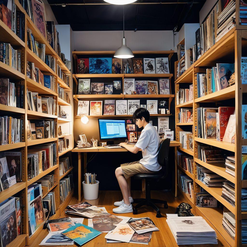 A captivating scene showcasing an intricately designed manga studio filled with colorful character sketches, artist tools, and posters of iconic hentai characters. Soft, ambient lighting enhances the atmosphere while an anime-style character can be seen passionately working on a new illustration. The background features shelves filled with manga volumes, creating a rich and immersive environment reflecting anime and adult manga culture. vibrant colors. anime illustration. soft lighting.